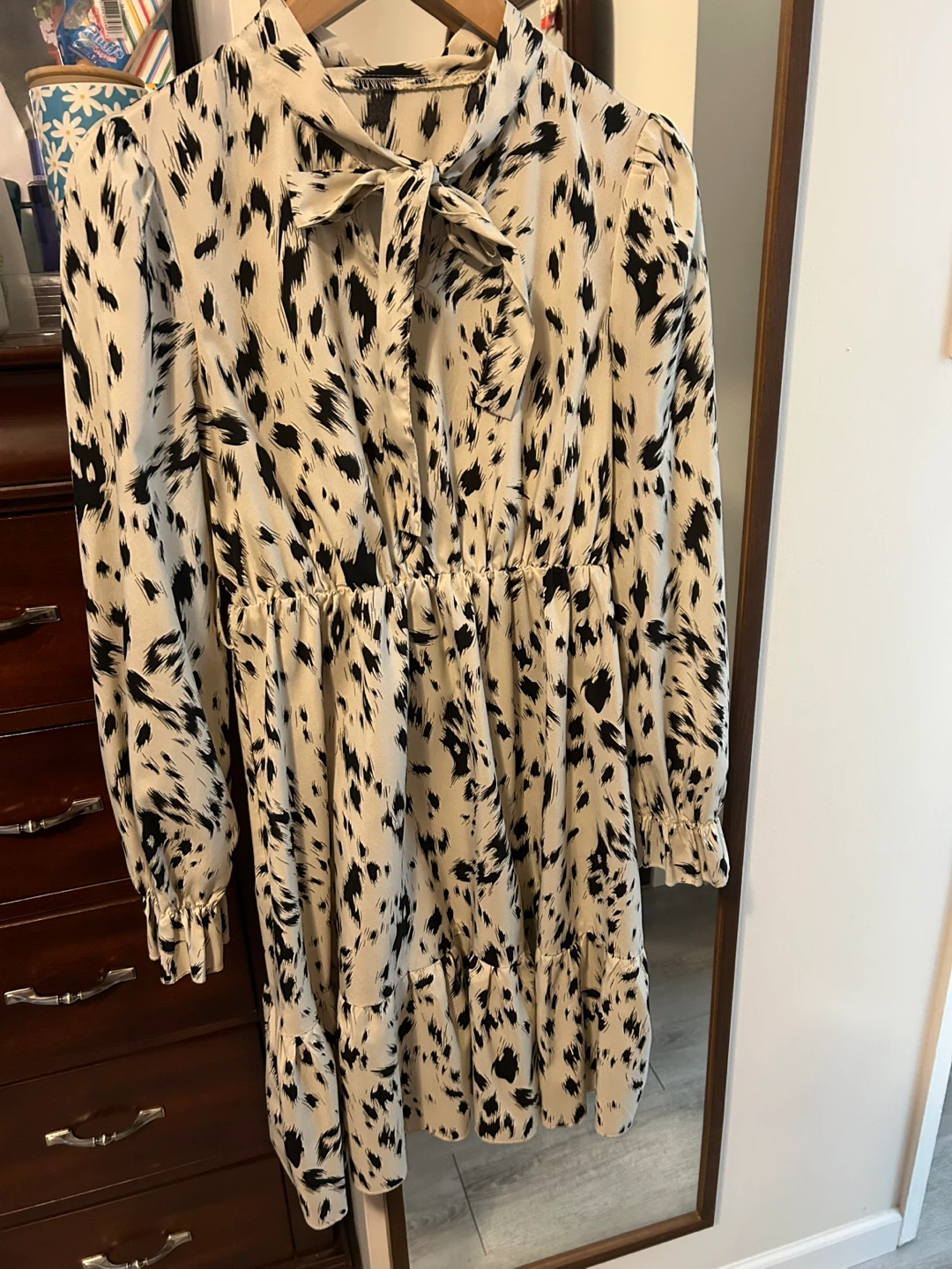 Black and White Animal Print Dress with Bow Neckline