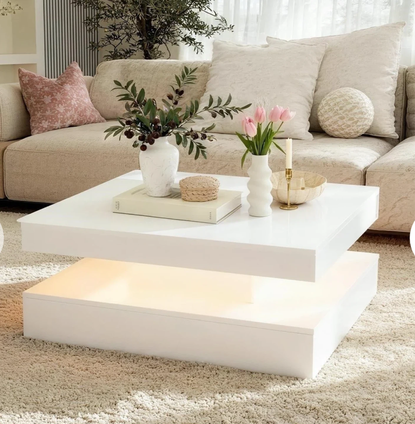 White Floating Coffee Table with LED Light