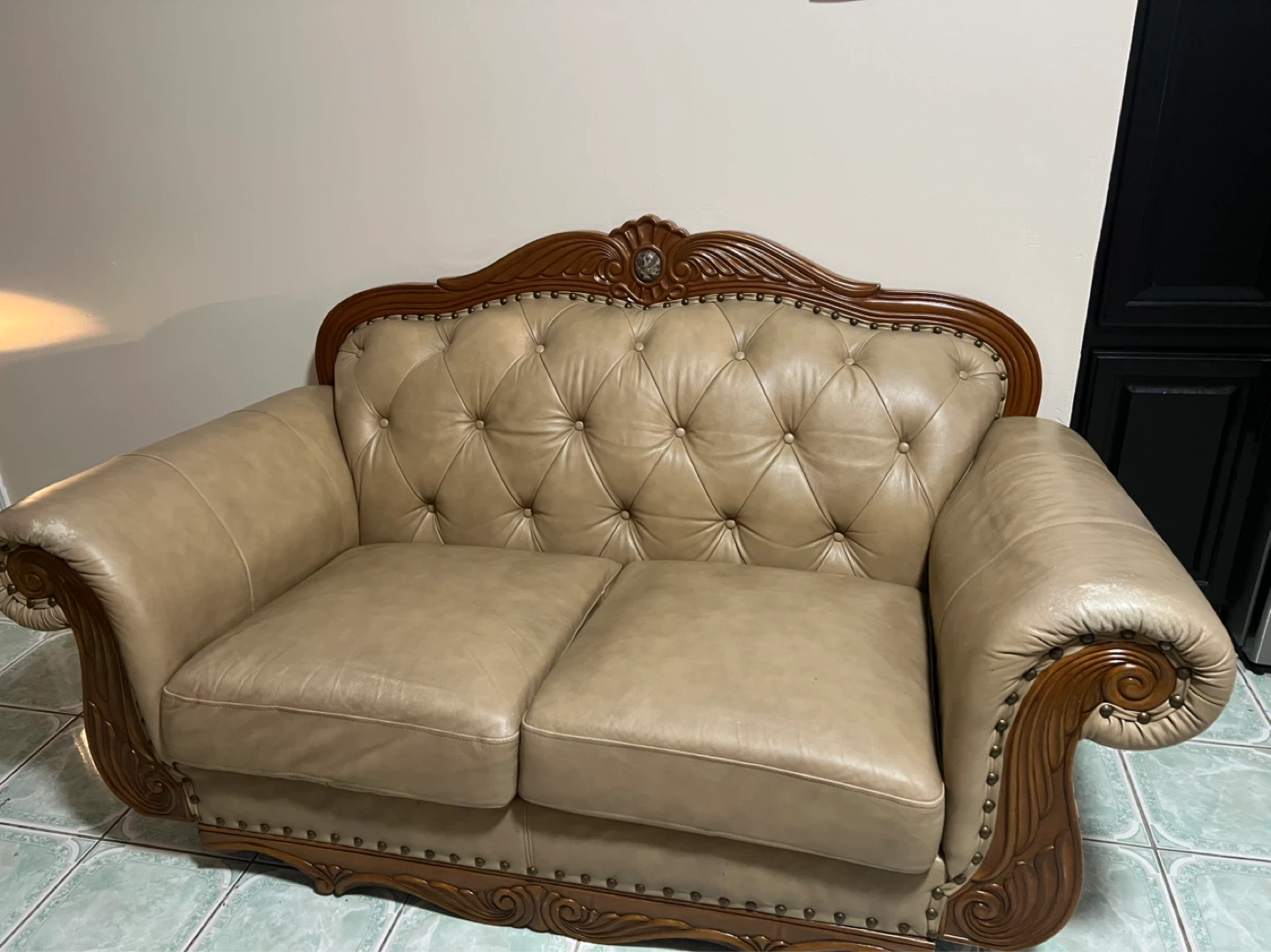 Tufted Loveseat Sofa with Wood Trim