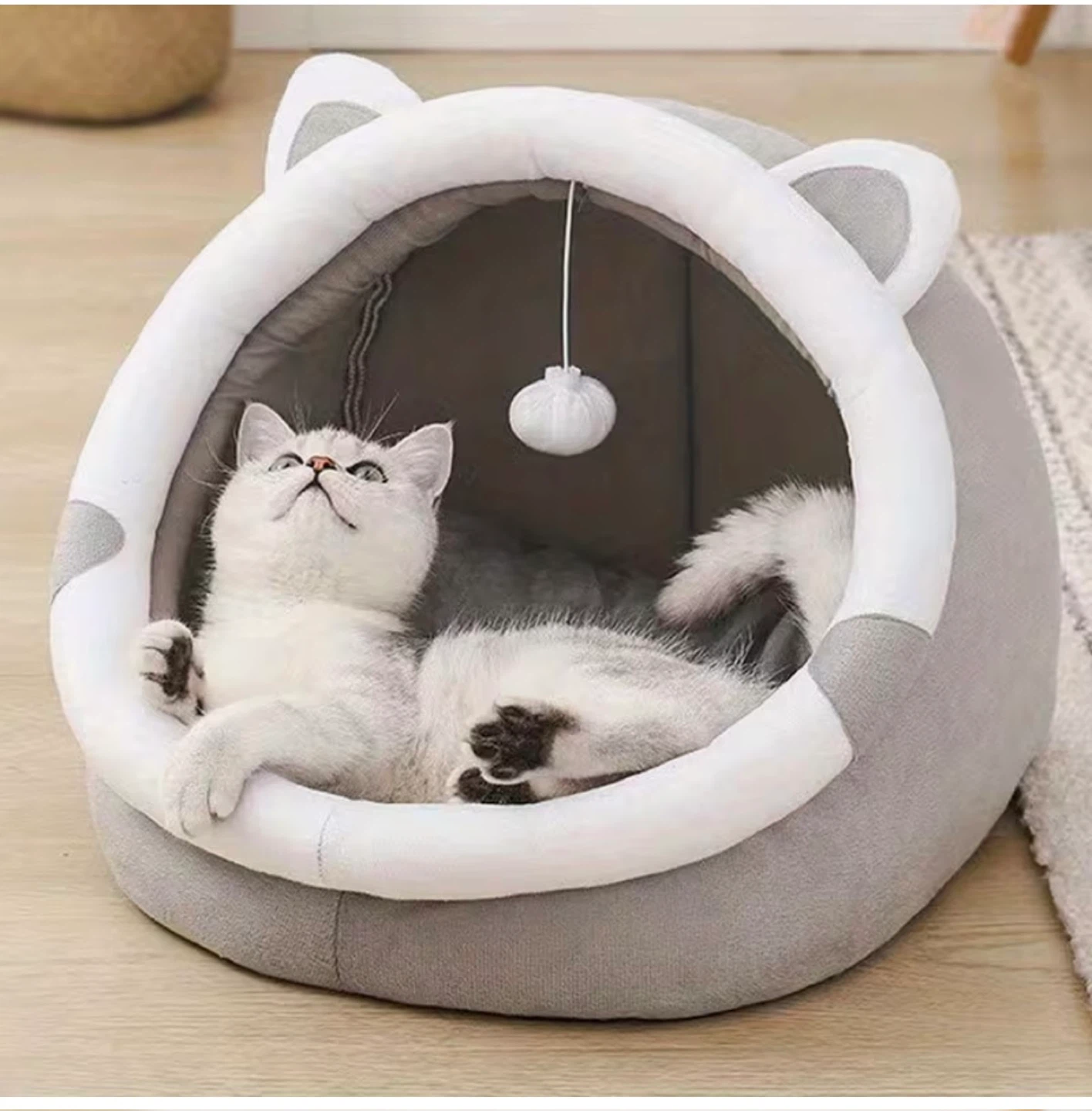 Cat Pet Bed Cozy Enclosed Igloo Shape with Play Ball - photo 2