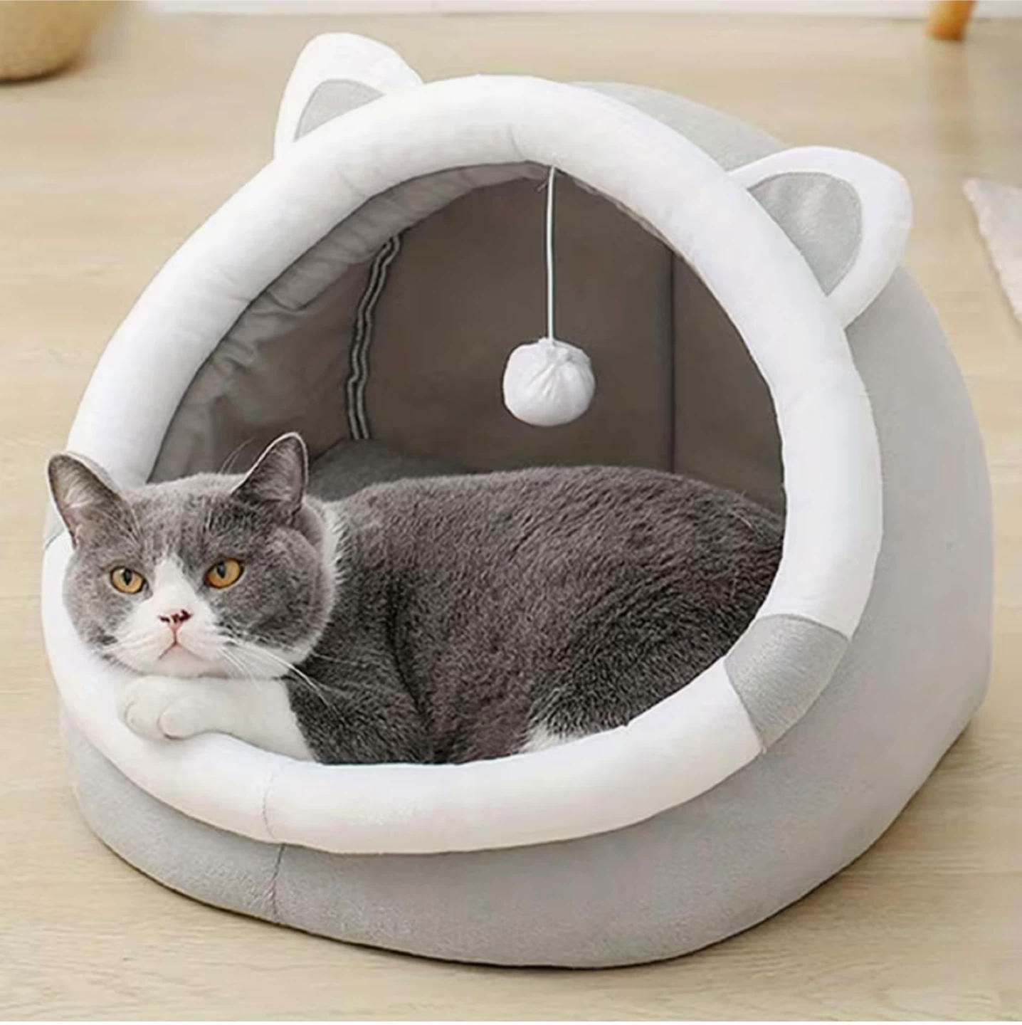 Cat Pet Bed Cozy Enclosed Igloo Shape with Play Ball