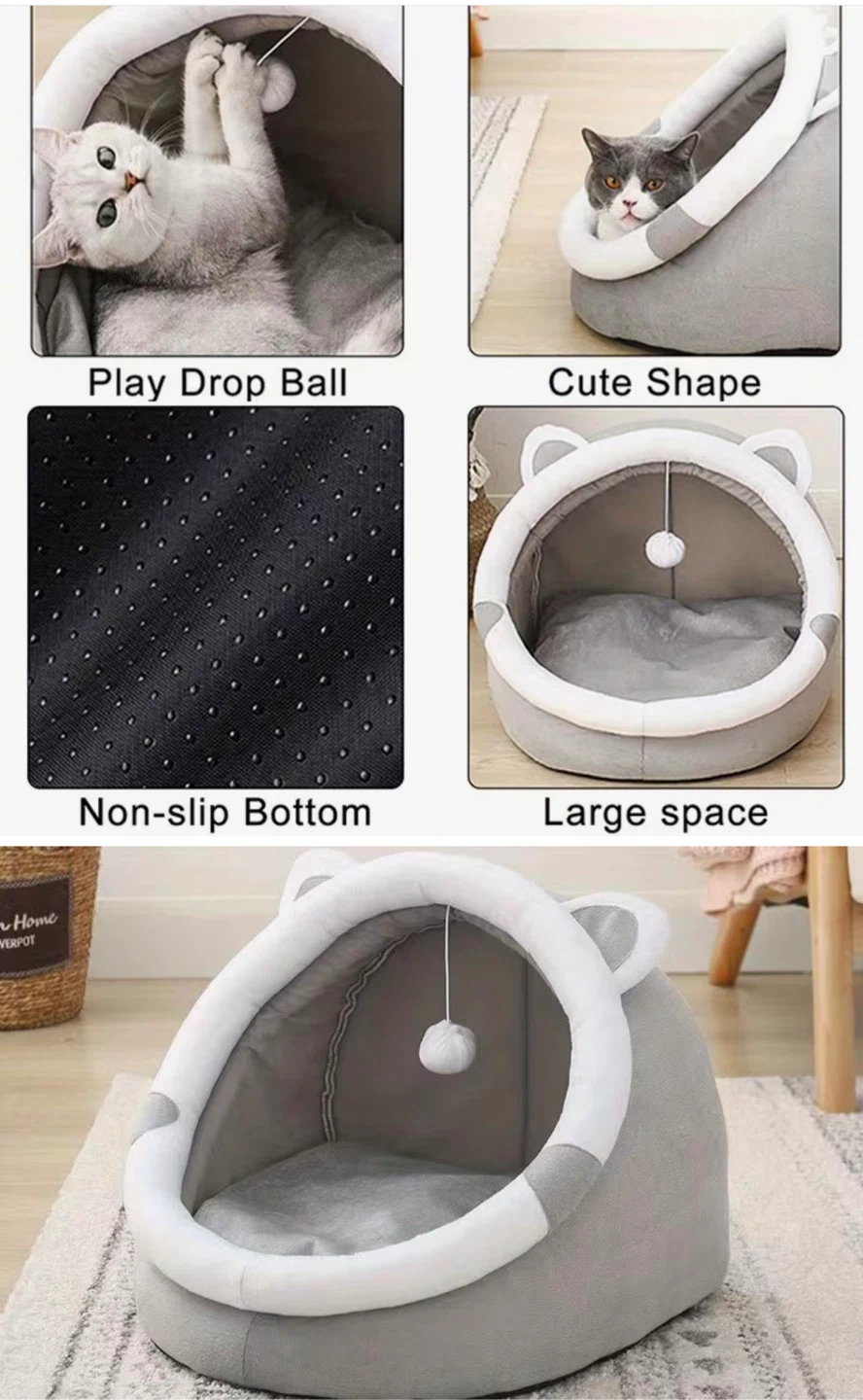 Cat Pet Bed Cozy Enclosed Igloo Shape with Play Ball - photo 3