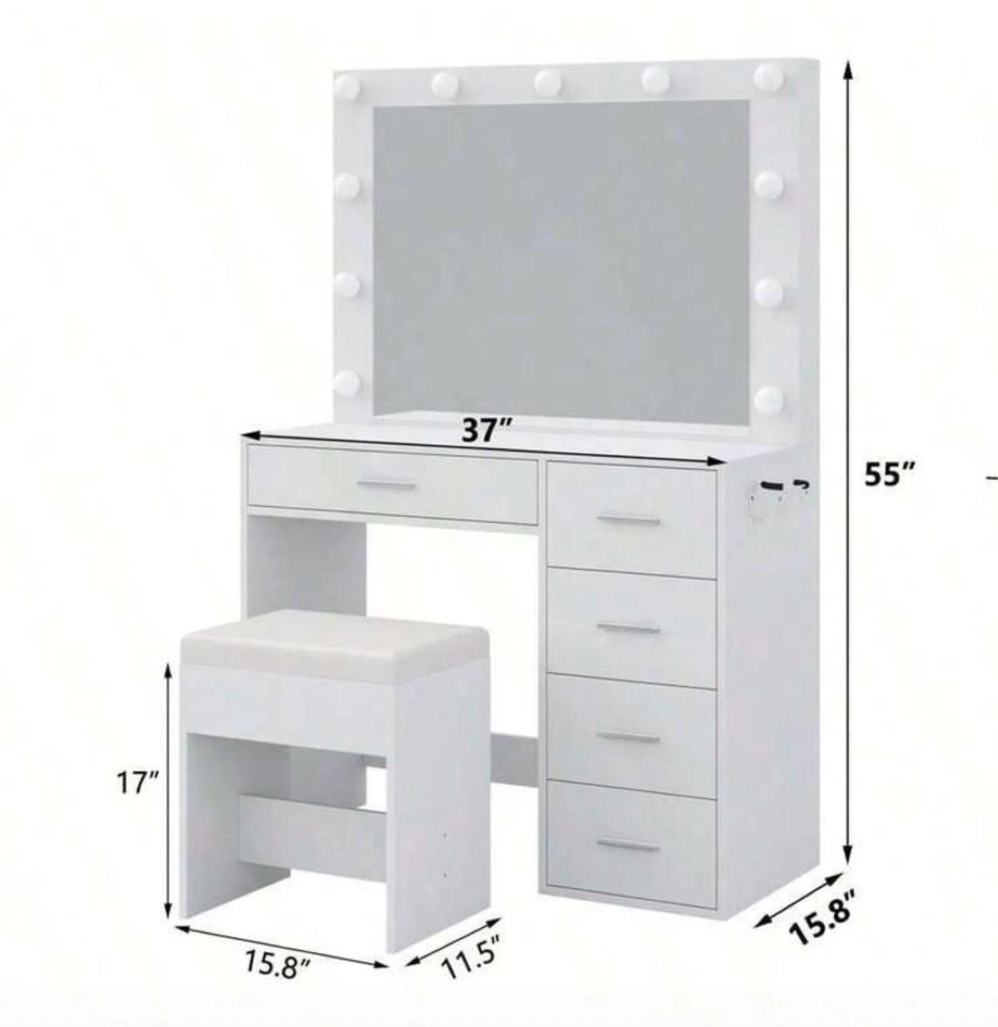 White Vanity Makeup Desk with Lights and Stool - photo 2