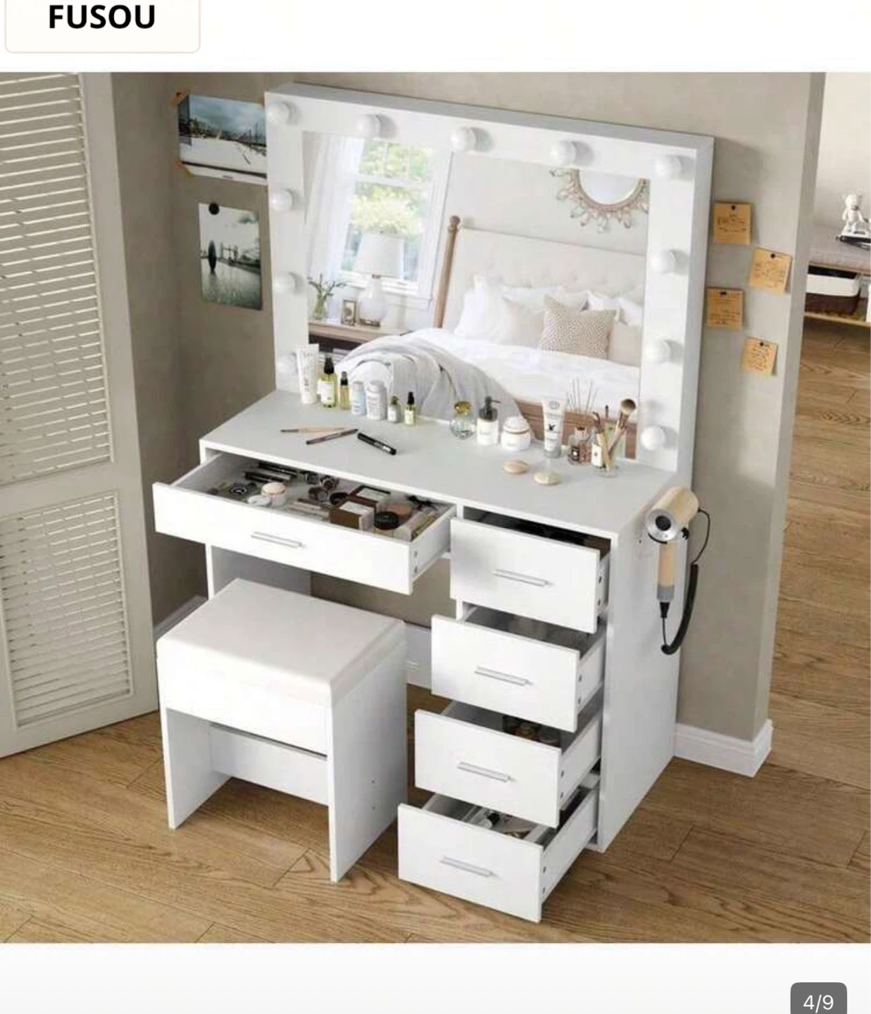 White Vanity Makeup Desk with Lights and Stool - photo 5