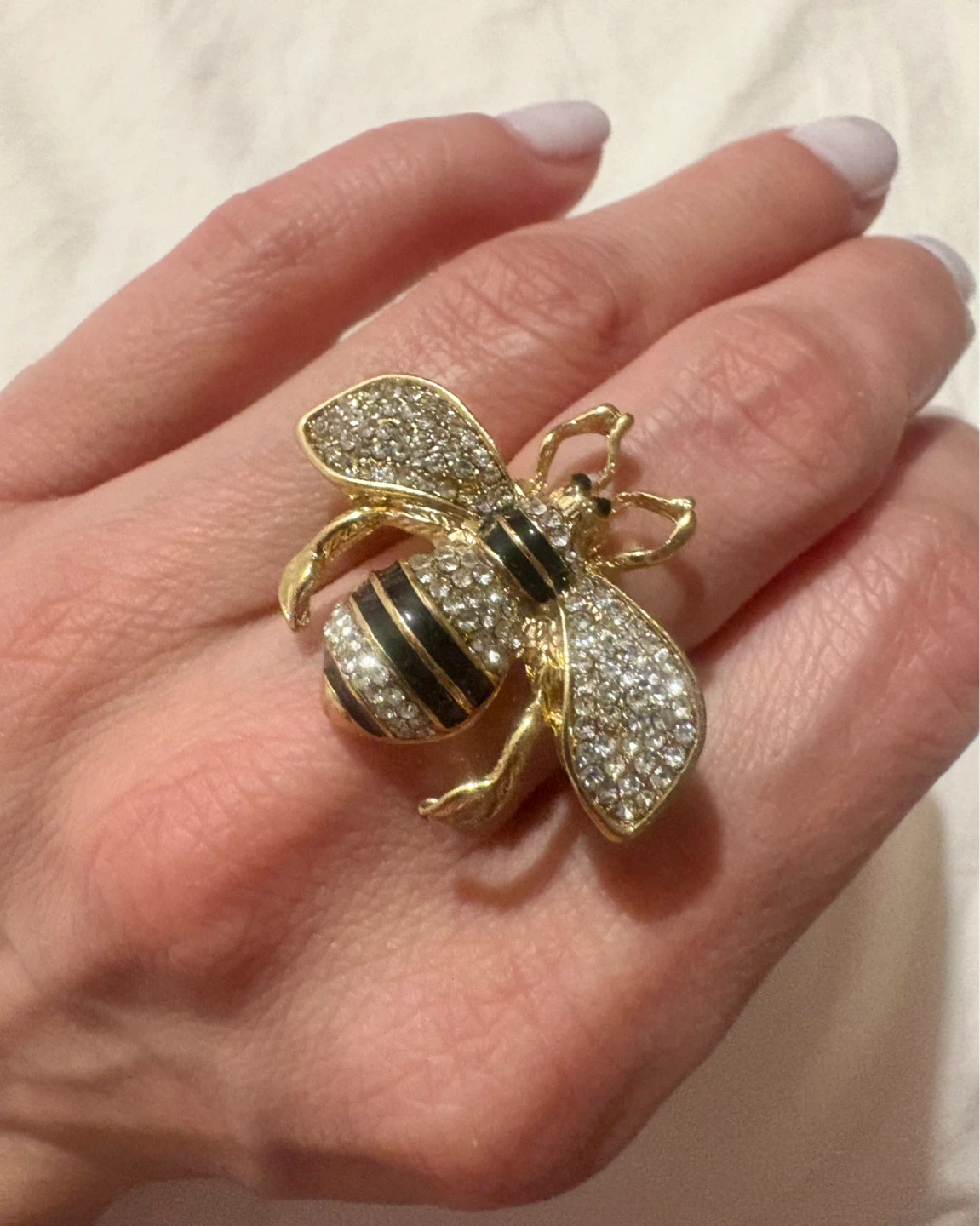Gold Tone Bee Ring with Rhinestones -