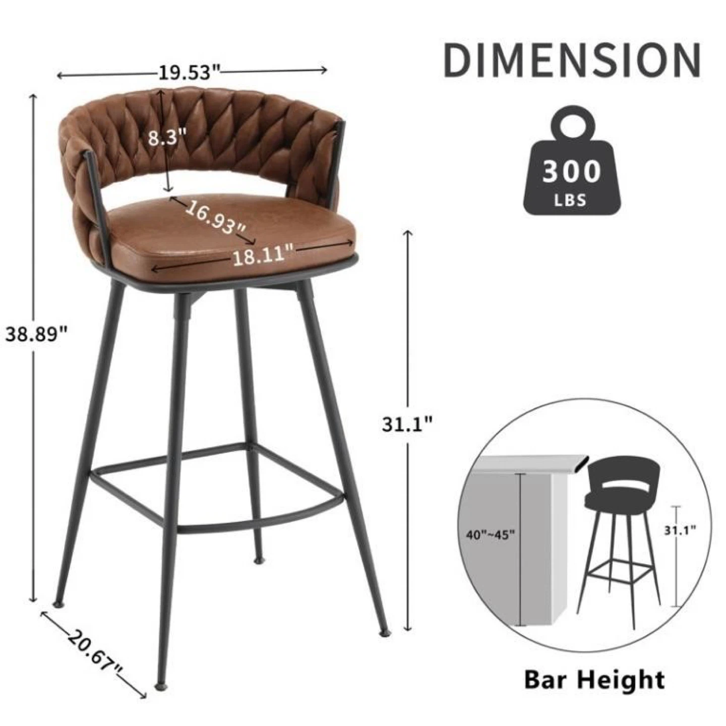 Set of 2 Brown Faux Leather Swivel Bar Stools - photo 3