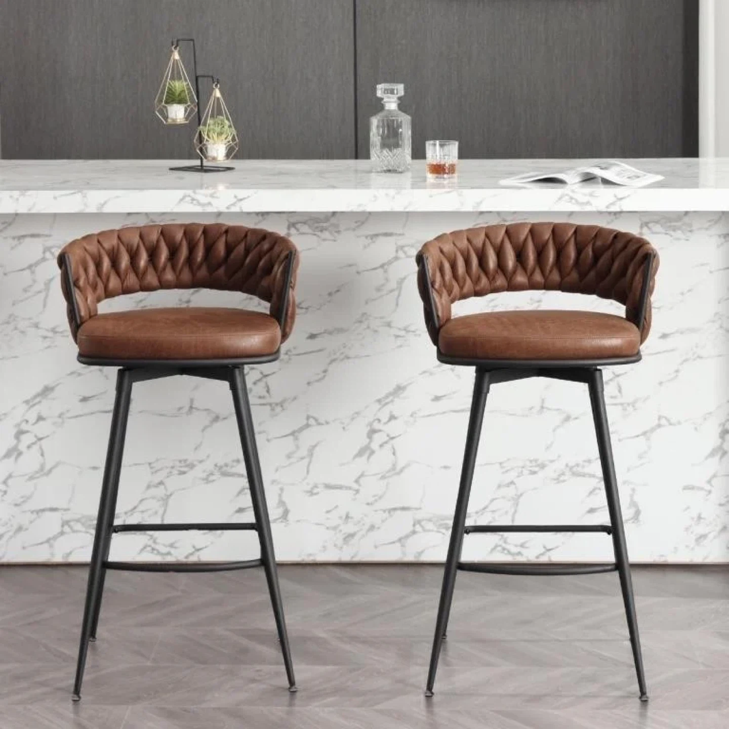 Set of 2 Brown Faux Leather Swivel Bar Stools