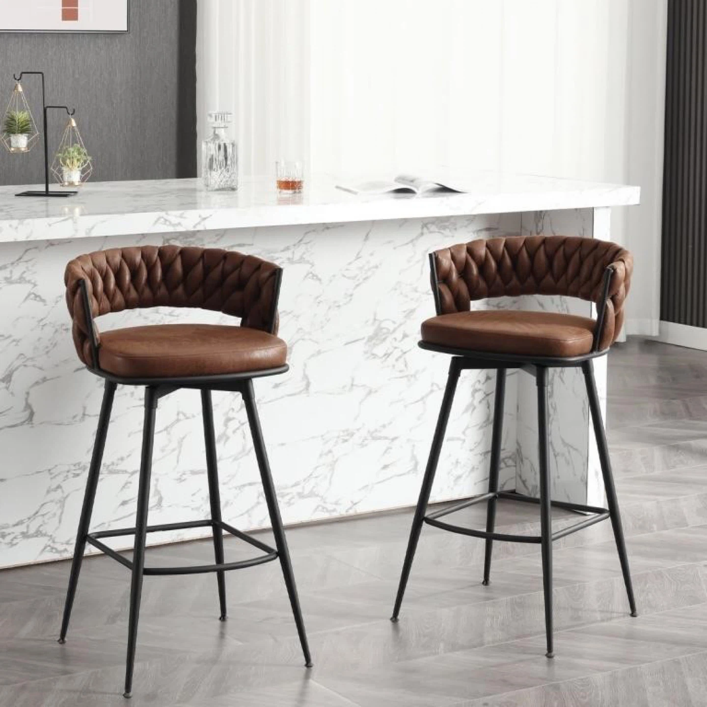 Set of 2 Brown Faux Leather Swivel Bar Stools - photo 2