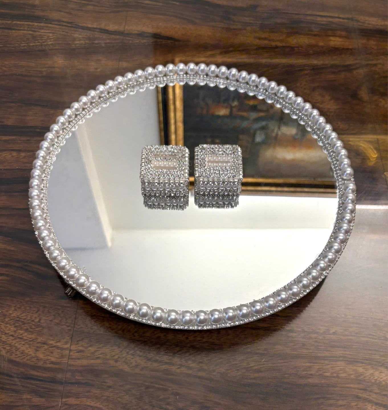 Round Mirror Tray with Faux Pearls & silver rhinestone Border - photo 5