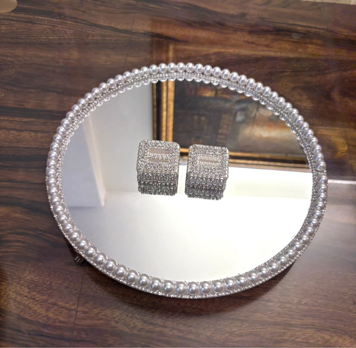 Round Mirror Tray with Faux Pearls & silver rhinestone Border