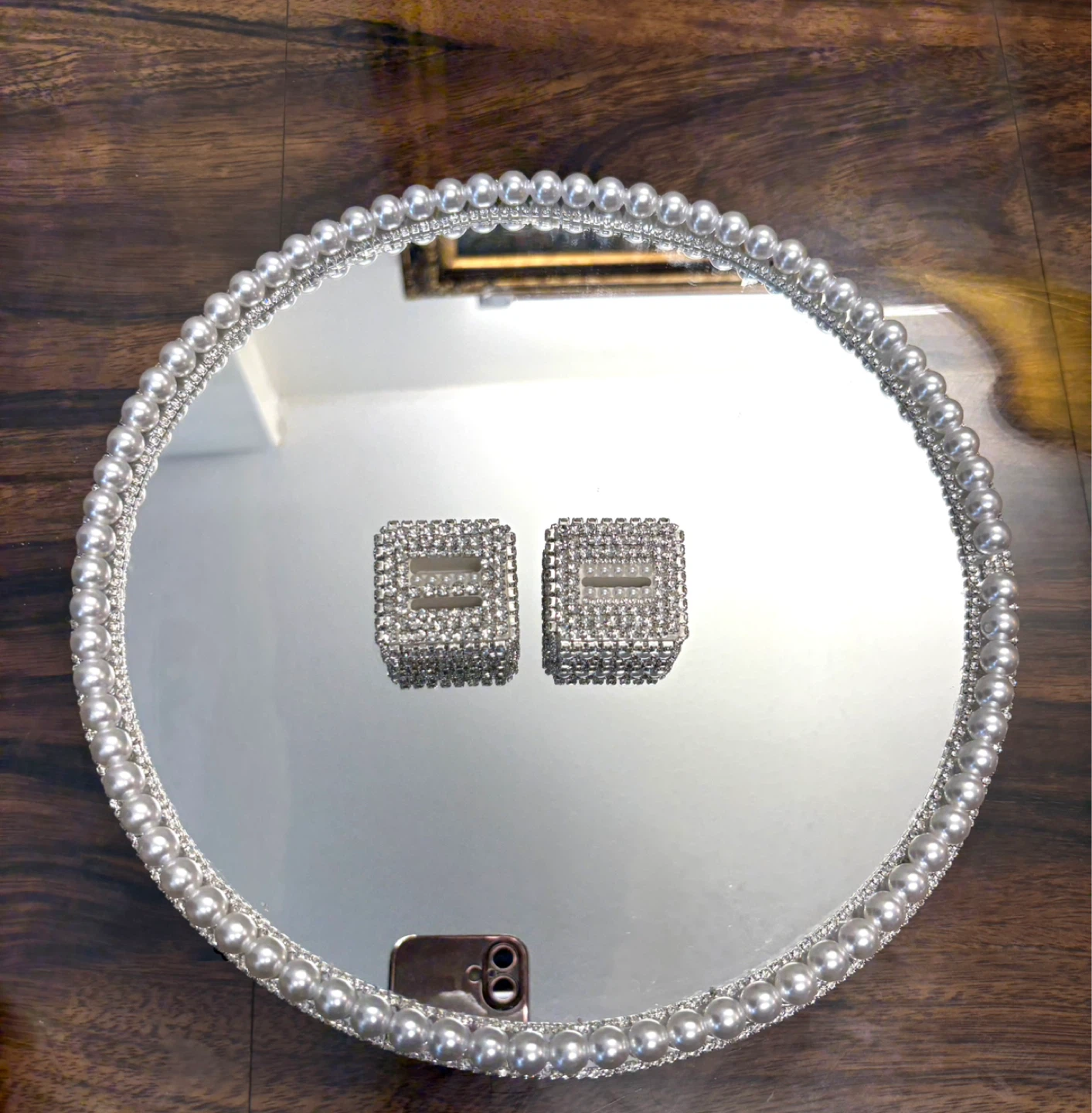 Round Mirror Tray with Faux Pearls & silver rhinestone Border - photo 4