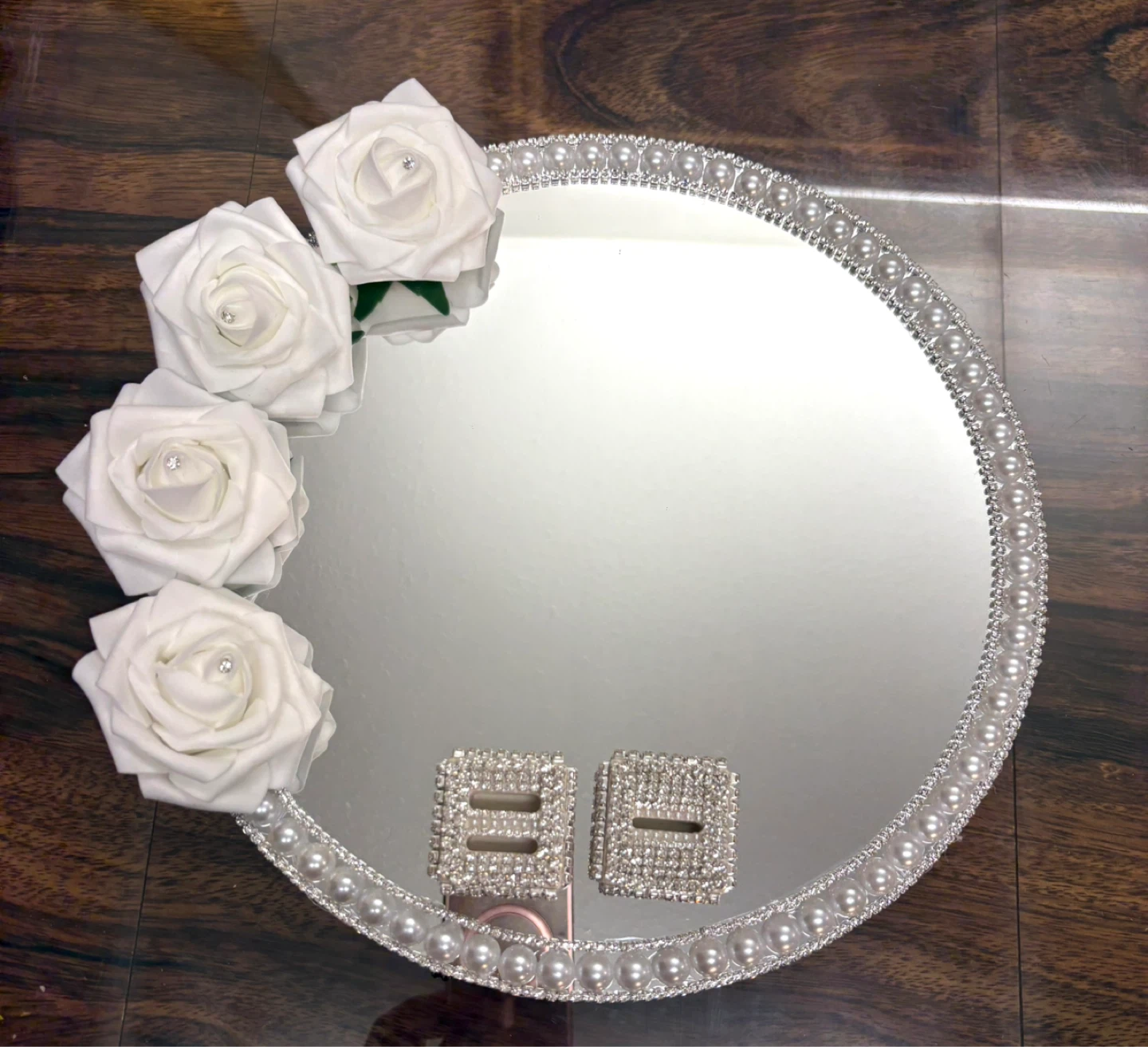 Round Mirror Tray with Faux Pearls & silver rhinestone borders - photo 5