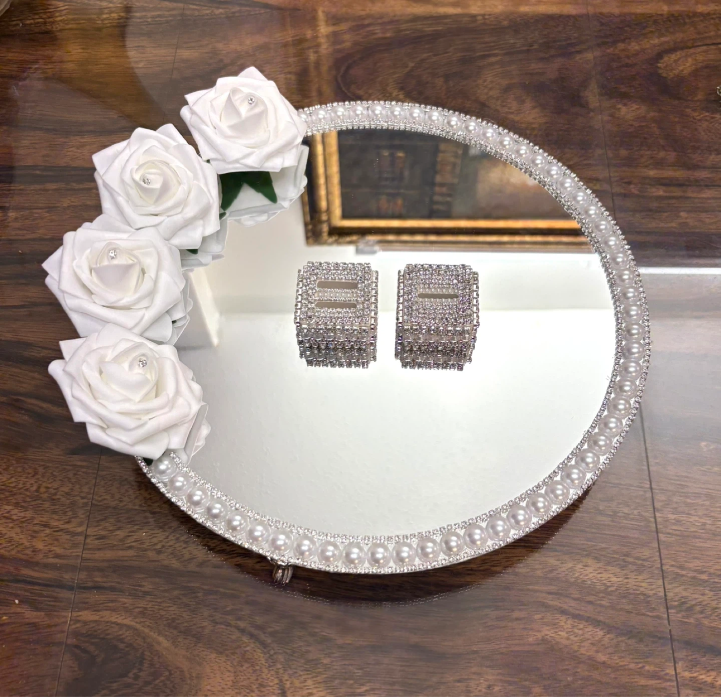 Round Mirror Tray with Faux Pearls & silver rhinestone borders