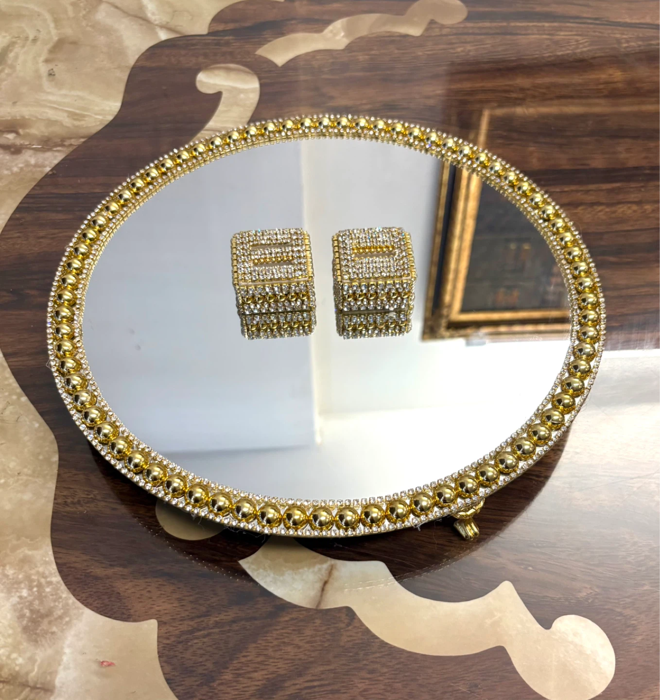 Round Mirror Tray with gold Pearls & gold rhinestone Border