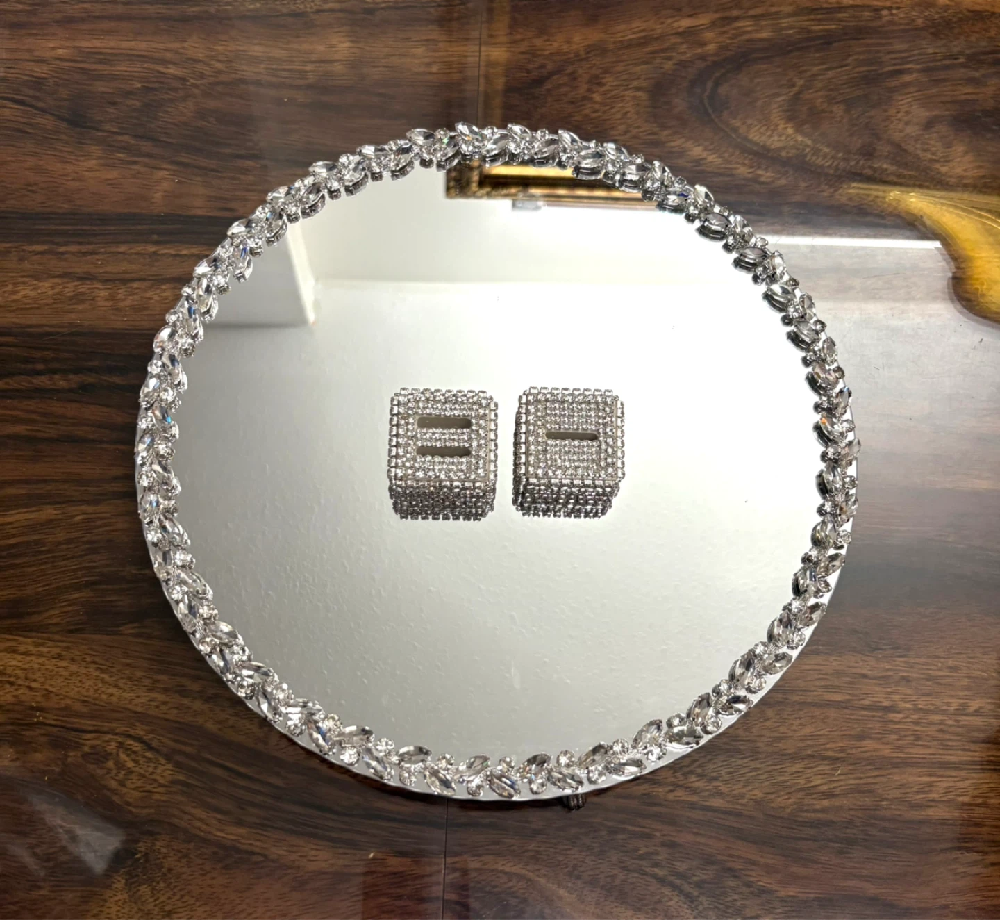 Round mirror tray with silver glass crystal rhinestone trim - photo 3
