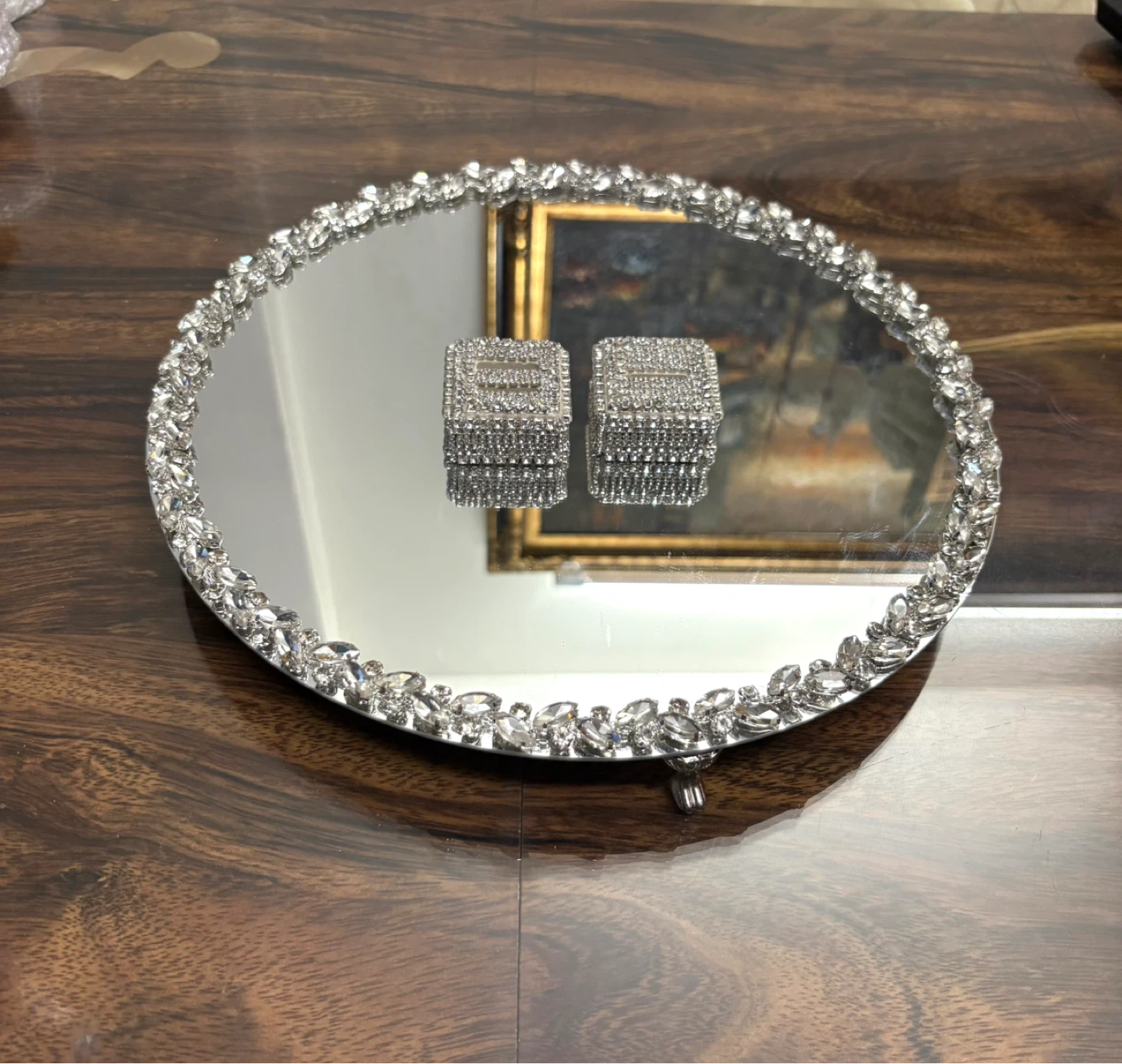 Round mirror tray with silver glass crystal rhinestone trim - photo 5