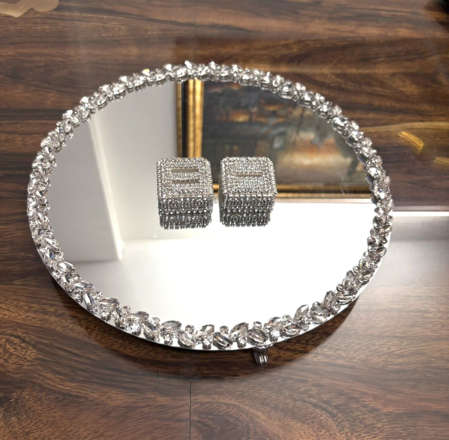 Round mirror tray with silver glass crystal rhinestone trim