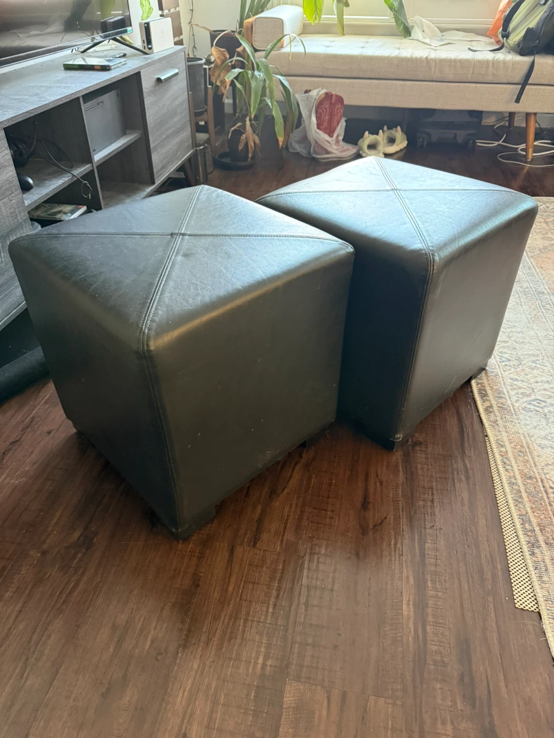 Set of 2 Dark Leather Ottoman Cubes