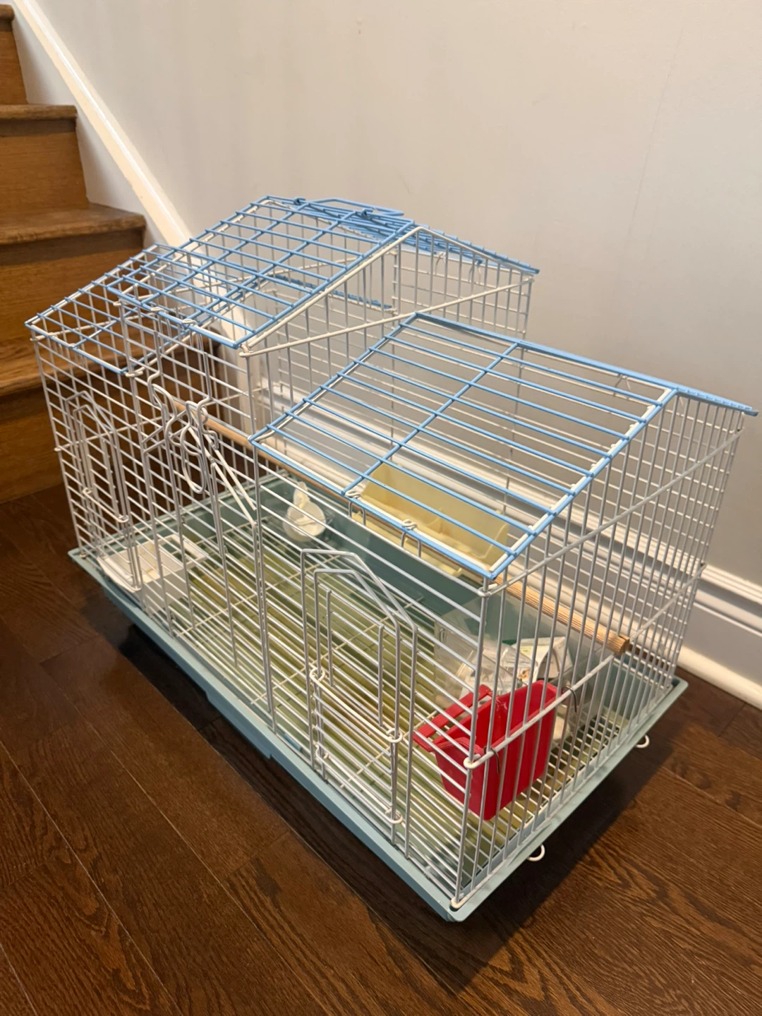 Blue and White Bird Cage with Perch and Feeder - photo 2