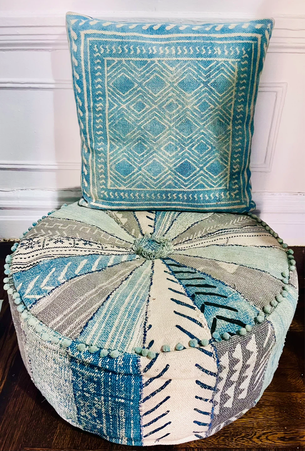 Boho Medallion Pattern Pouf Ottoman with Matching Pillow