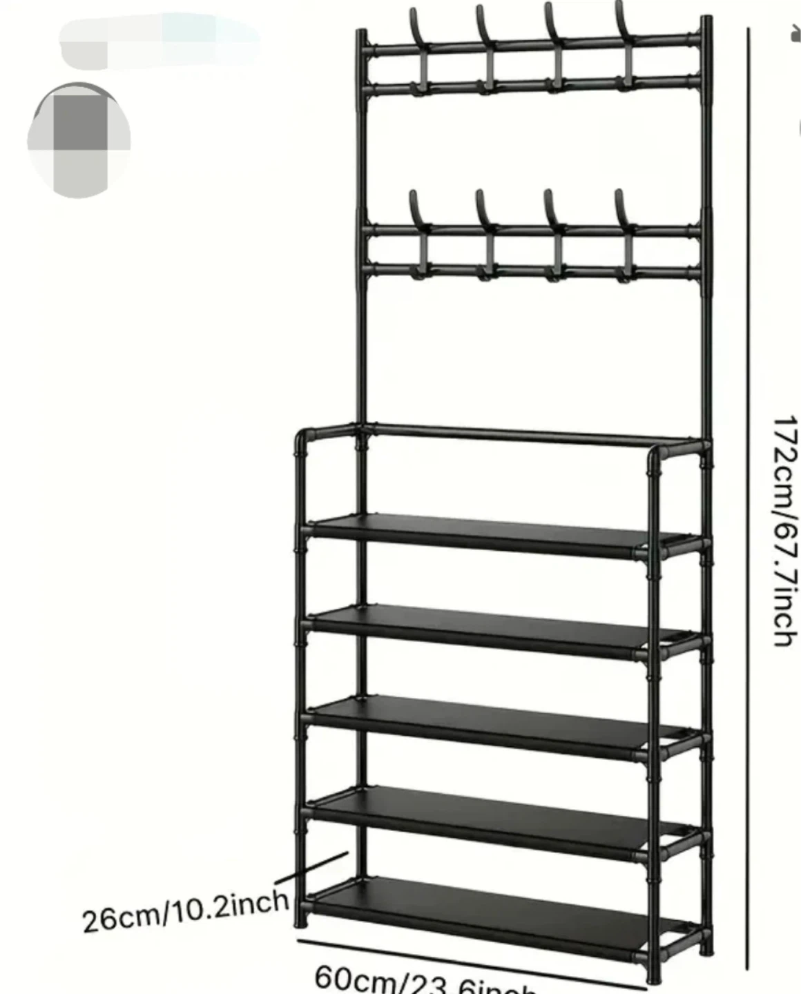 Black 5-Tier Shoe Rack with Coat Hooks