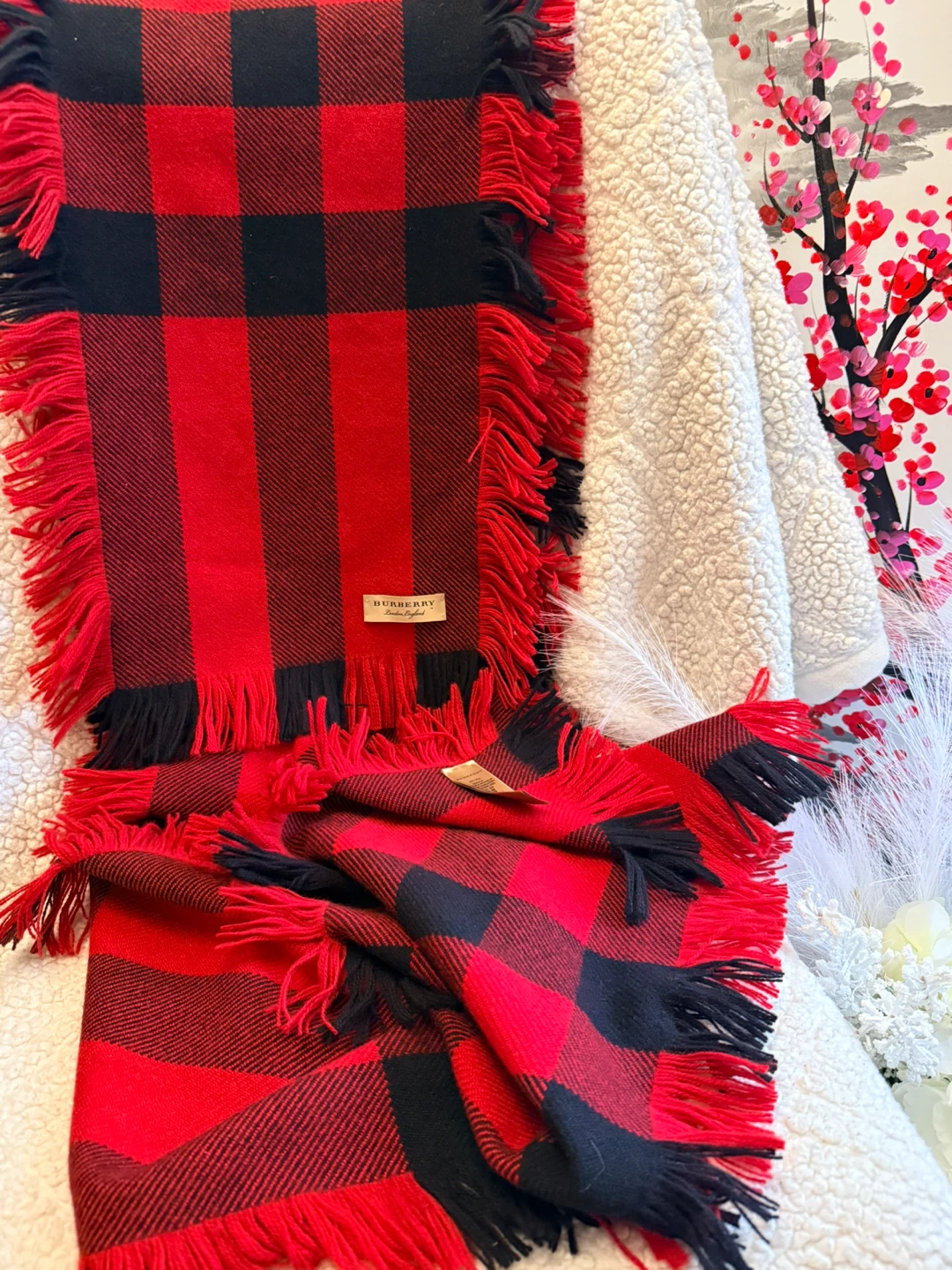 Burberry Red & Black Plaid Wool Scarf