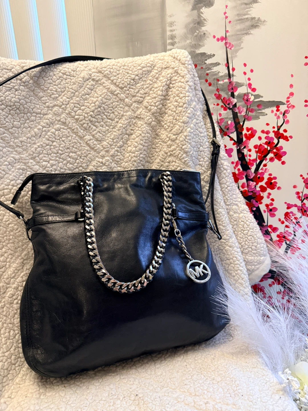 Michael Kors Black Leather Shoulder Bag with Silver Chain