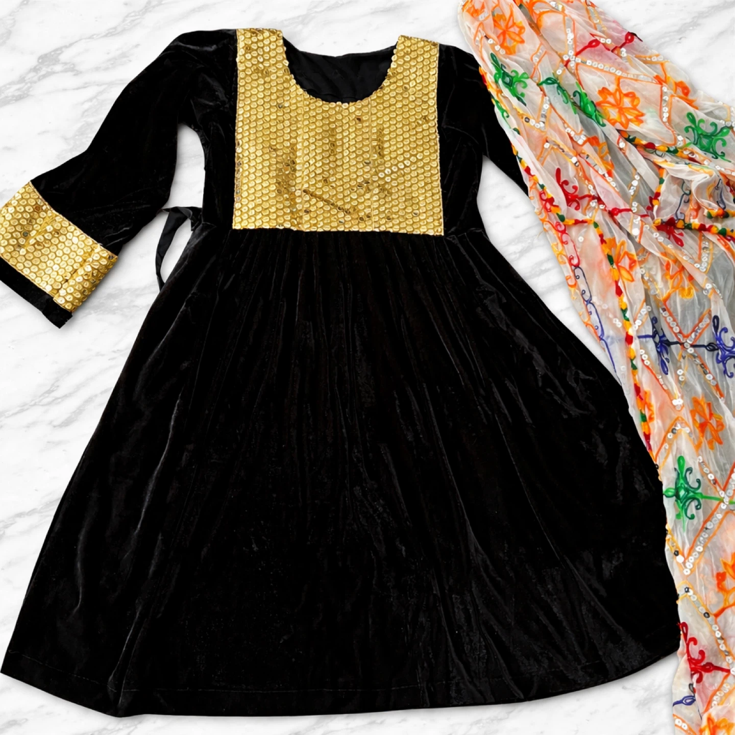 Black Velvet Dress with Gold Sequins and Scarf