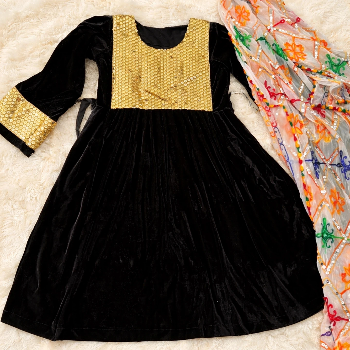 Black Velvet Dress with Gold Sequins and Scarf - photo 2