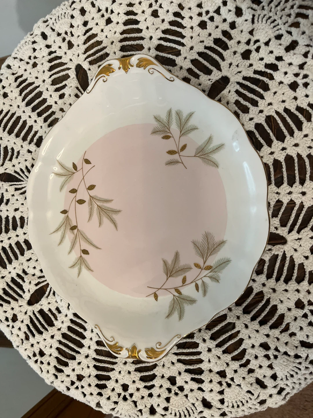 Vintage Decorative Plate with Pink Center and Gold Accents