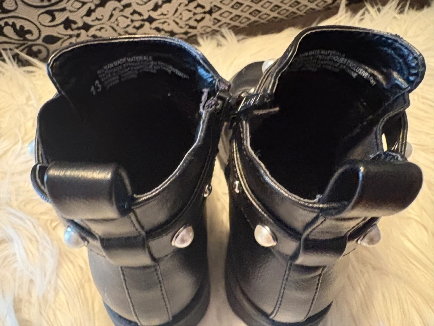 Girl’s Black Faux Leather Boots with Studs and Pearls - Size 13 - photo 4