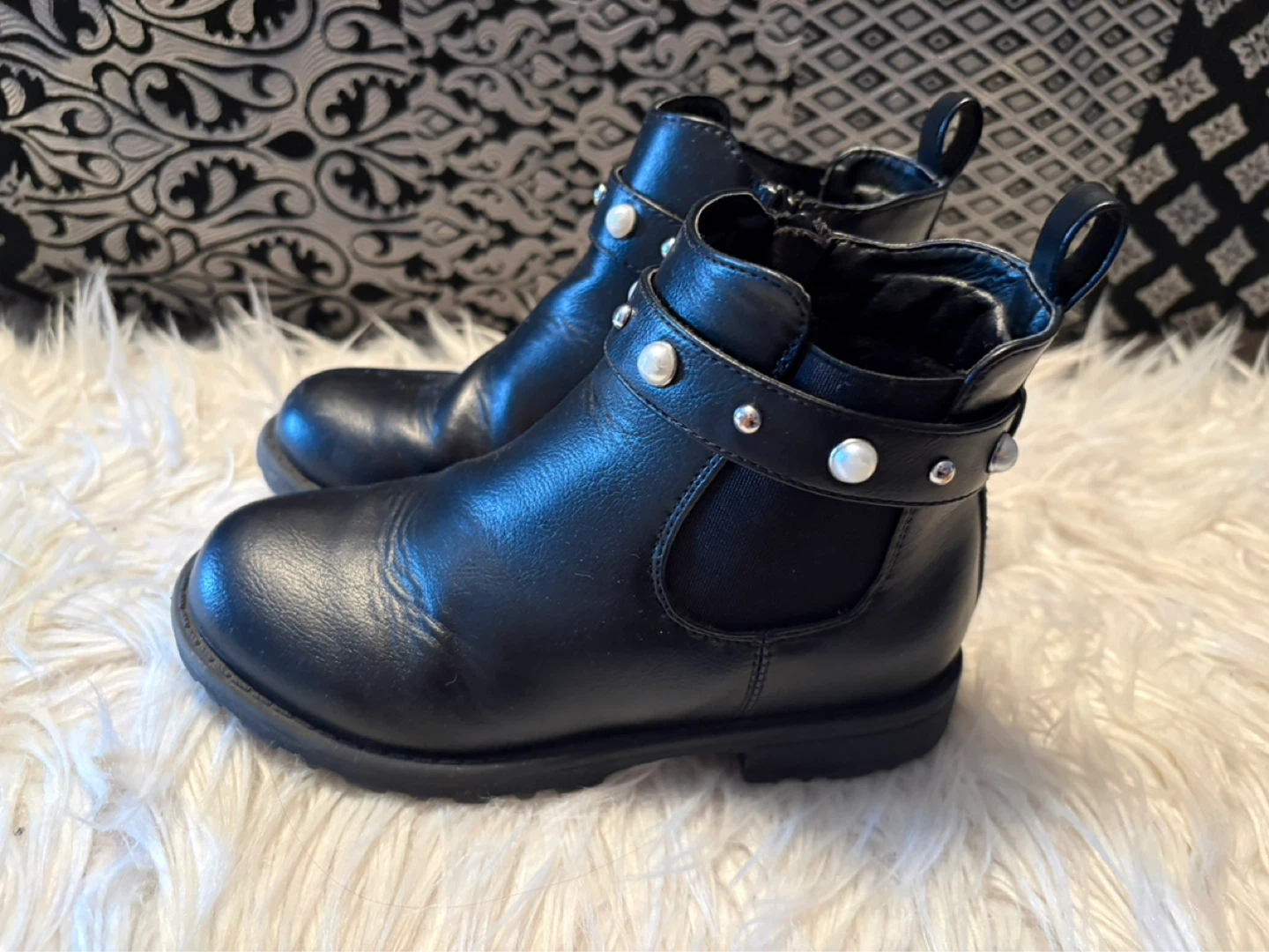 Girl’s Black Faux Leather Boots with Studs and Pearls - Size 13 - photo 2