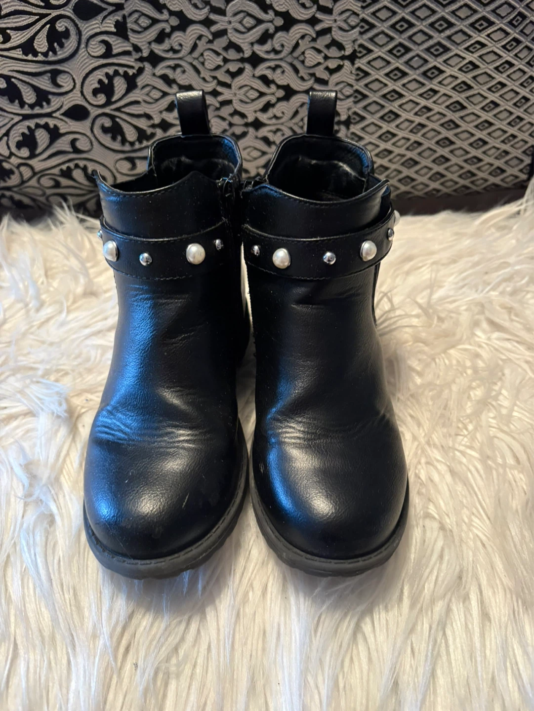 Girl’s Black Faux Leather Boots with Studs and Pearls - Size 13