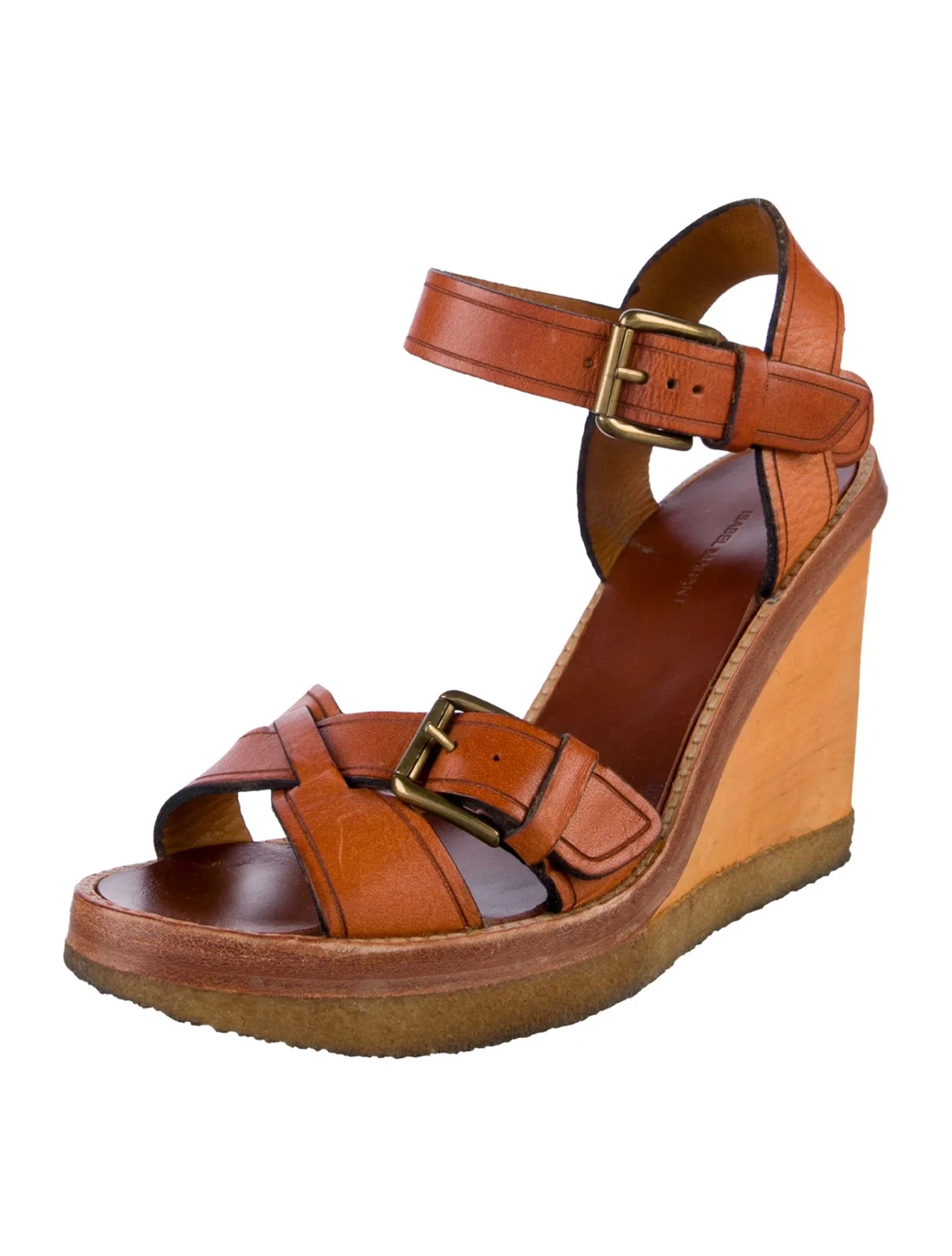 ISABEL MARANT Handy Brown Leather Wooden Wedge Sandals sz 36