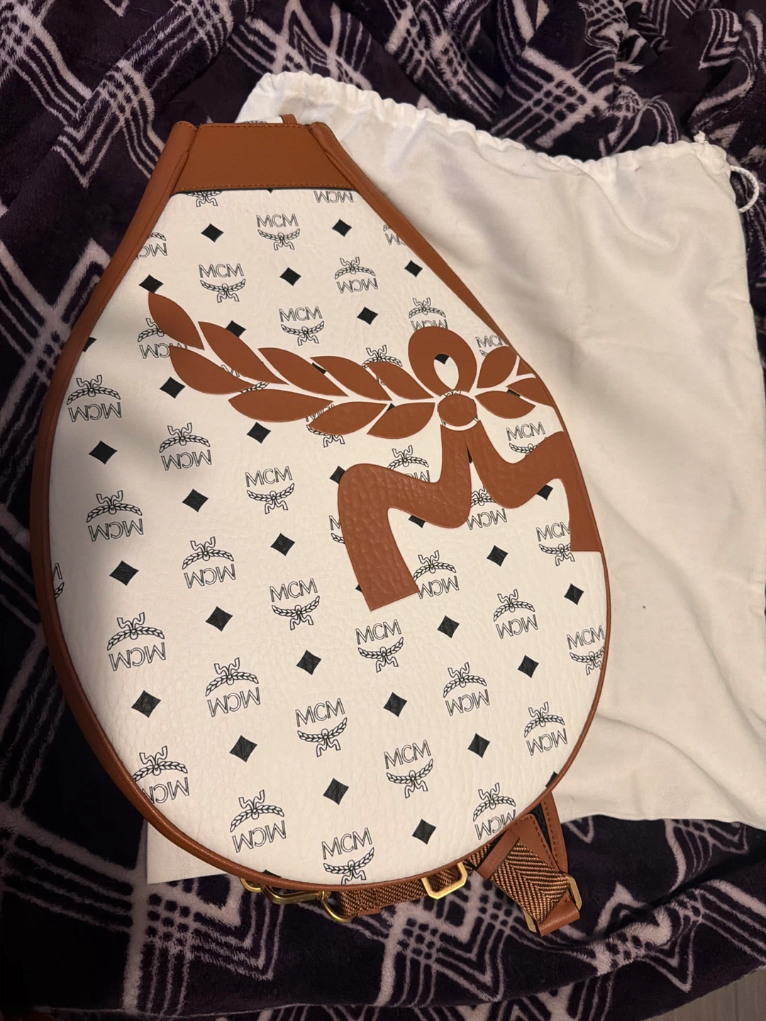 MCM Monogrammed Leather Trim Shoulder Bag
