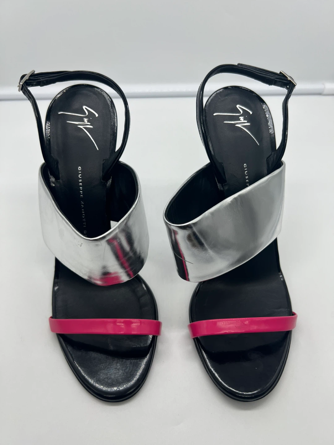 GIUSEPPE ZANOTTI Pink Patent Leather Green Stiletto Sandals 40 - photo 2
