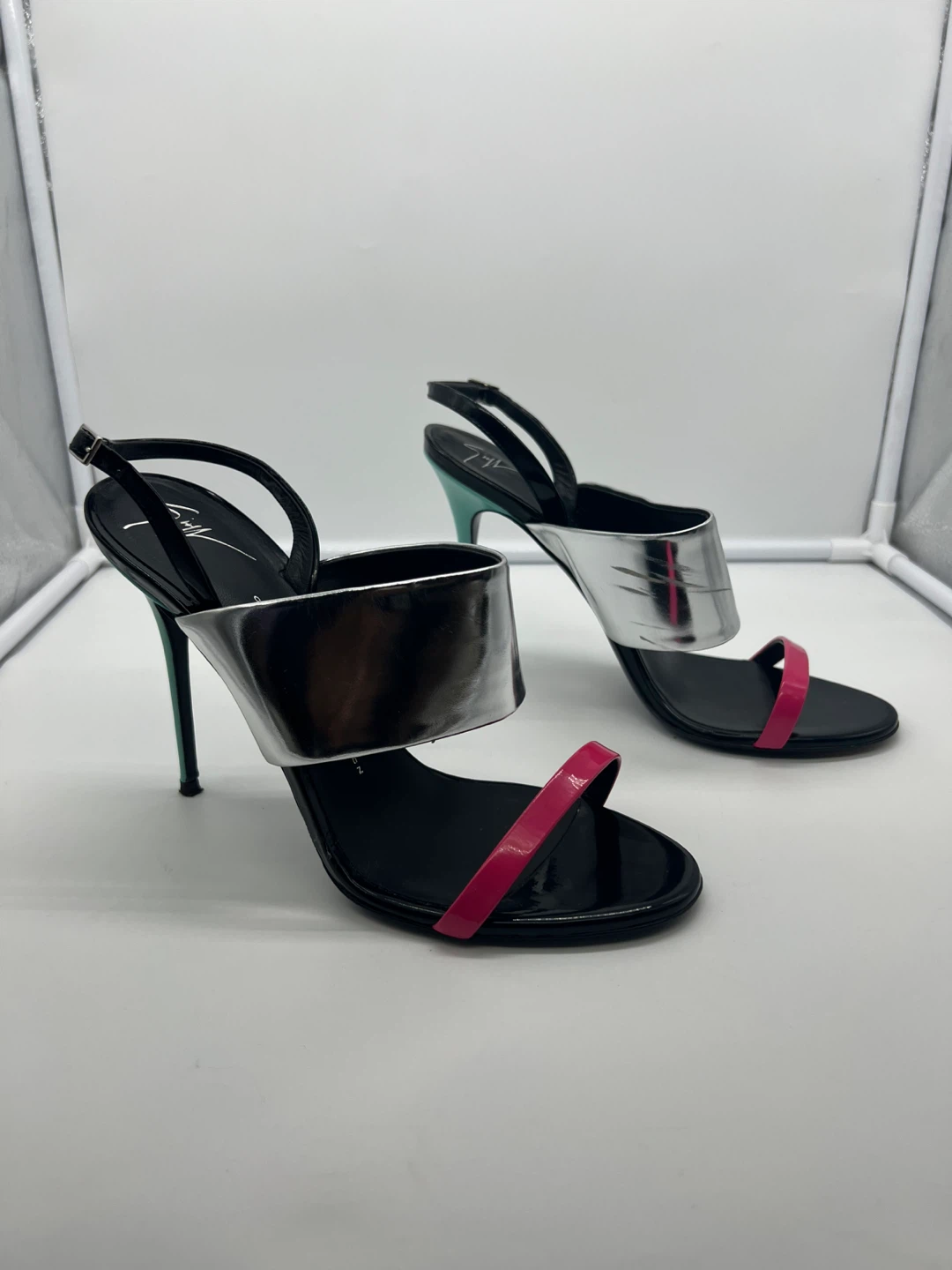GIUSEPPE ZANOTTI Pink Patent Leather Green Stiletto Sandals 40