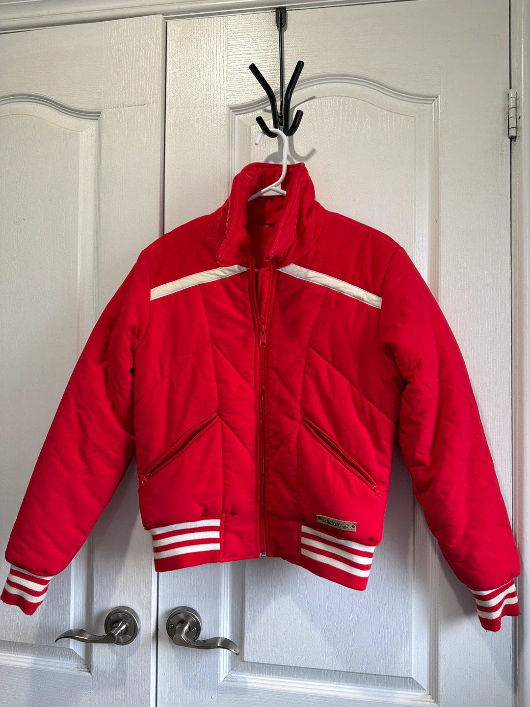 Red Adidas Puffer Jacket with White Stripes