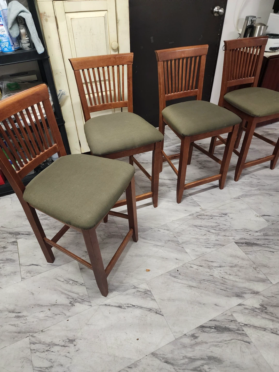 Set of 4 Wooden Bar Stools with Green Upholstery