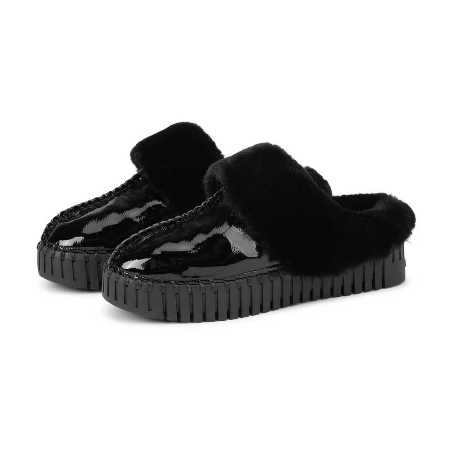 ILSE JACOBSEN Tulip Black Faux Fur Platform Slipper Slides Mules