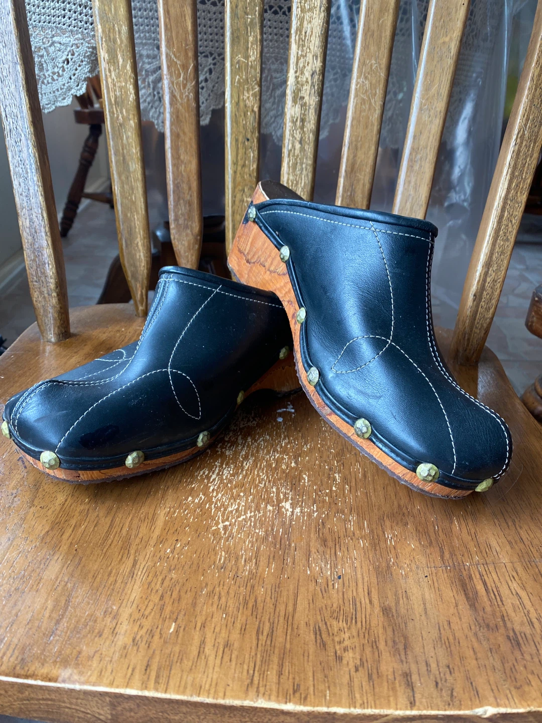Black Leather Clogs with Wood Heel
