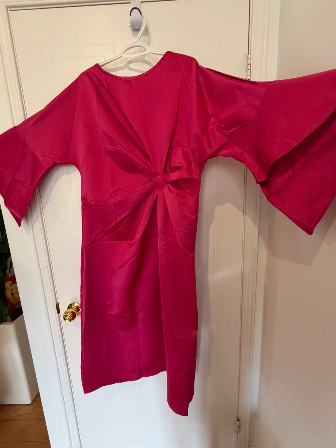 Hot Pink Twisted Midi Dress with Ruffle Sleeves - photo 3