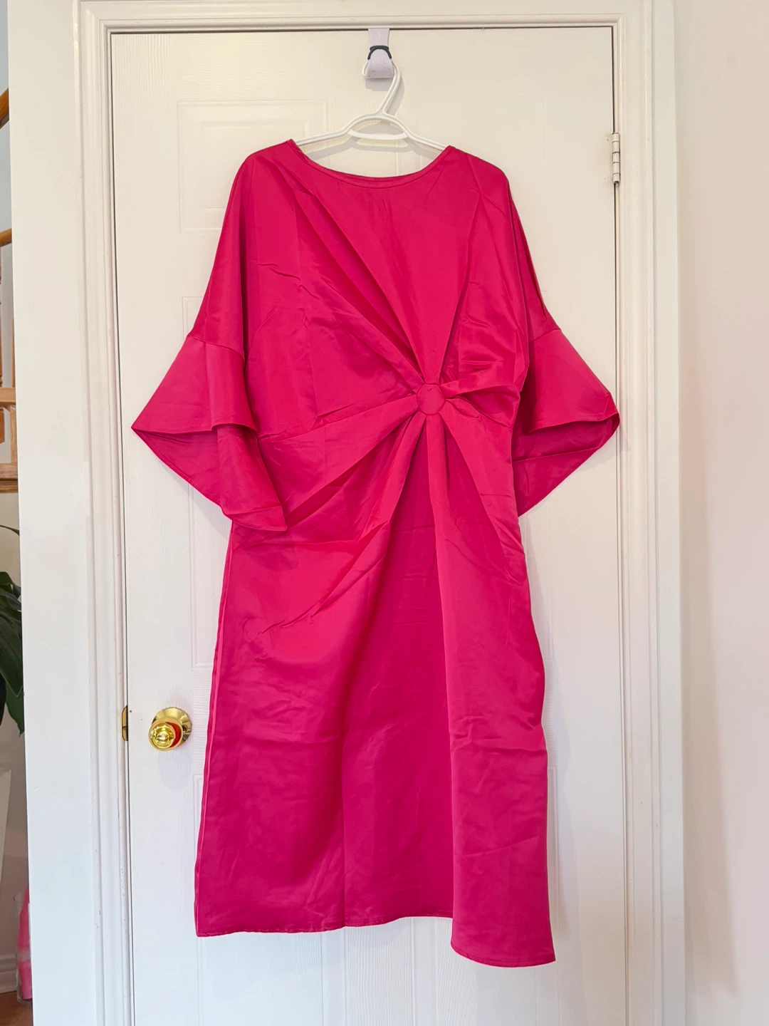 Hot Pink Twisted Midi Dress with Ruffle Sleeves