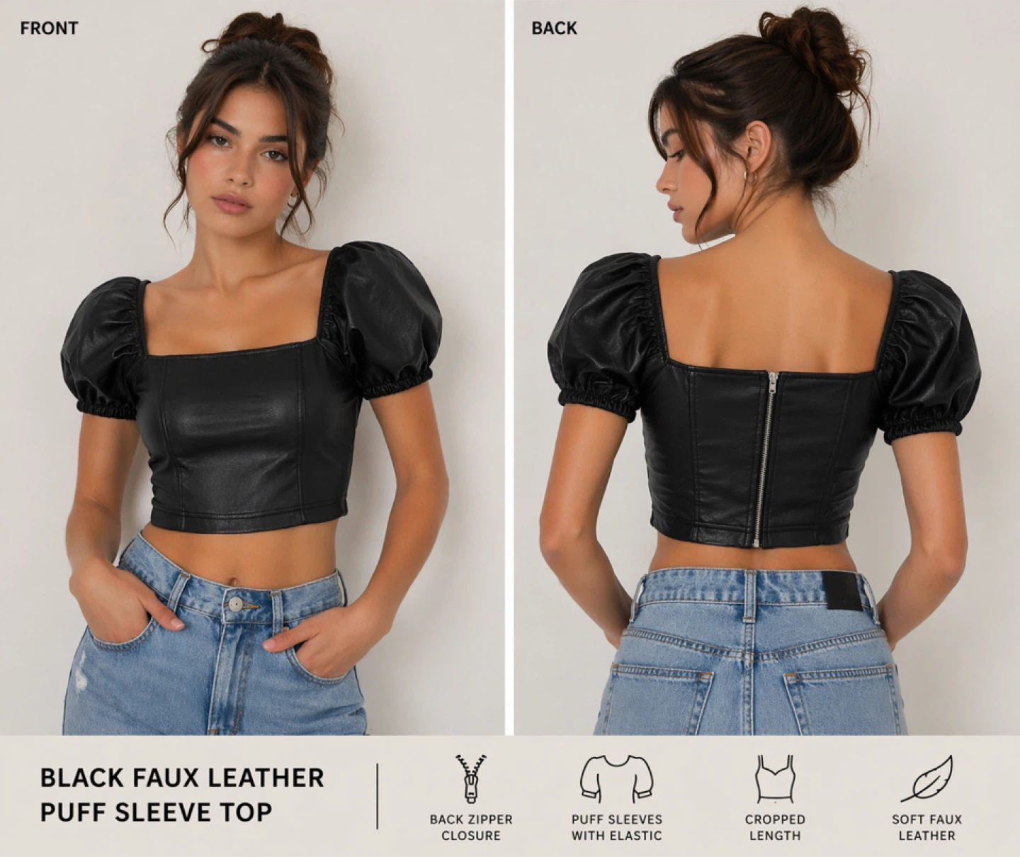 7 For All Mankind Black Faux Leather Puff Sleeve Top Sz M