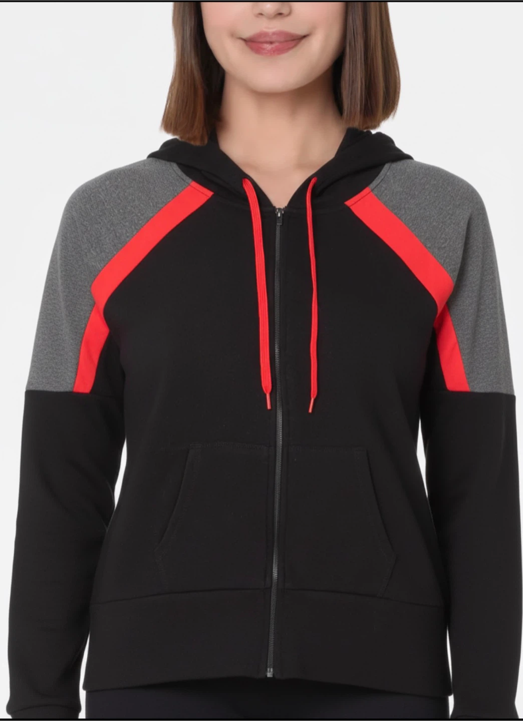 Black Full Zip Hoodie with Red Accents - Size M/L