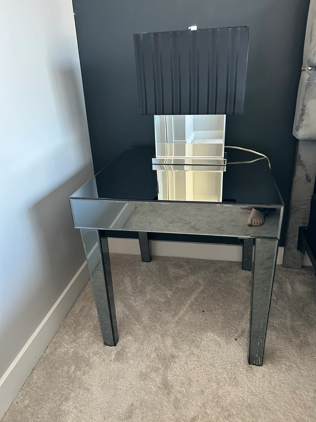 Mirrored End Table with Black Lamp