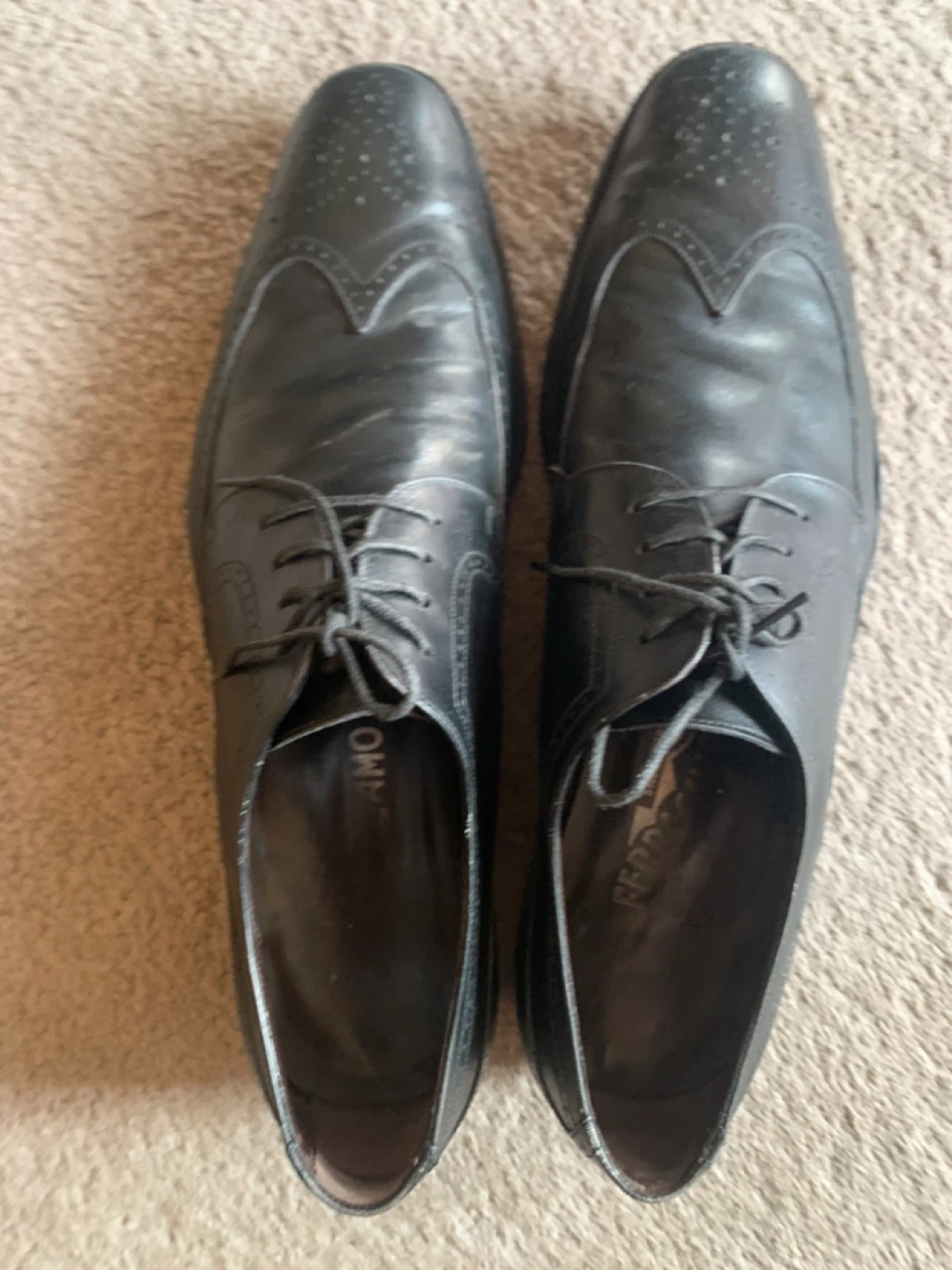 Salvatore Ferragamo Black Leather Wingtip Brogues Men's Shoes
