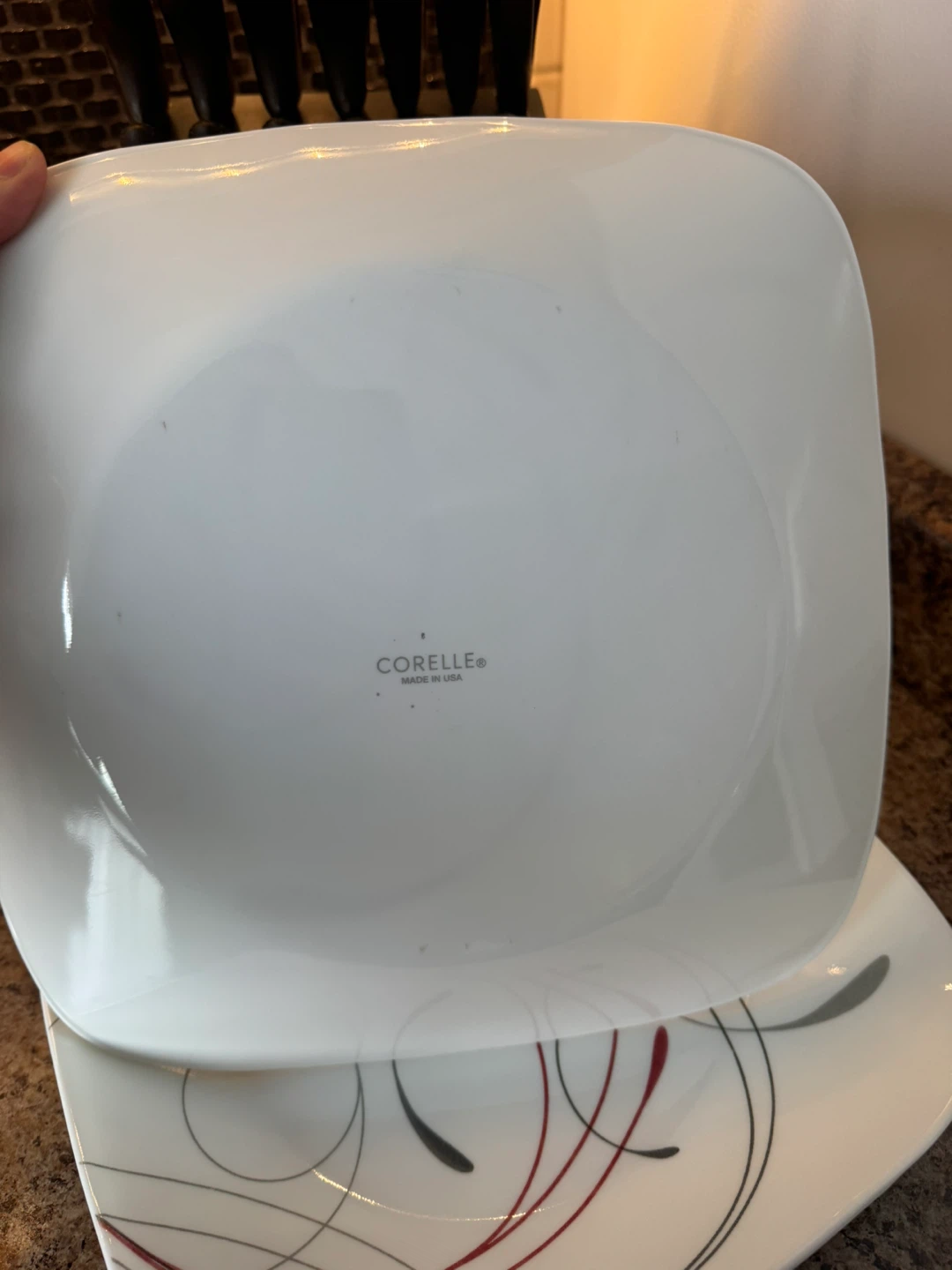 Corelle Square Dinner Plate with Red and Grey Swirls - photo 3