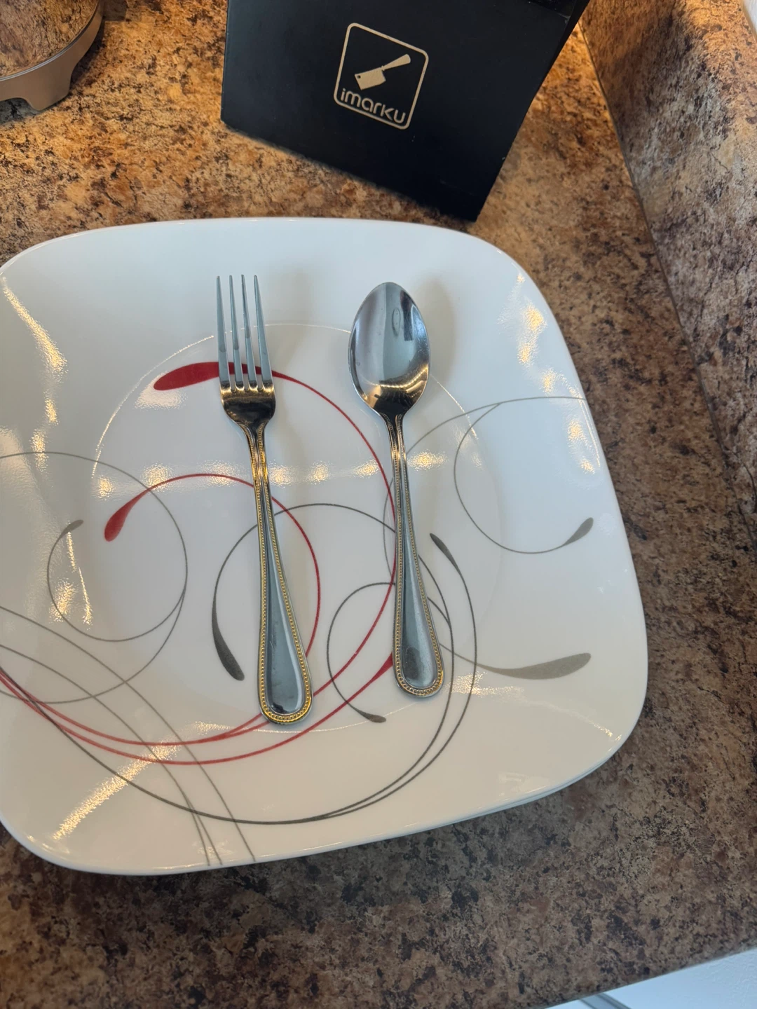 Corelle Square Dinner Plate with Red and Grey Swirls