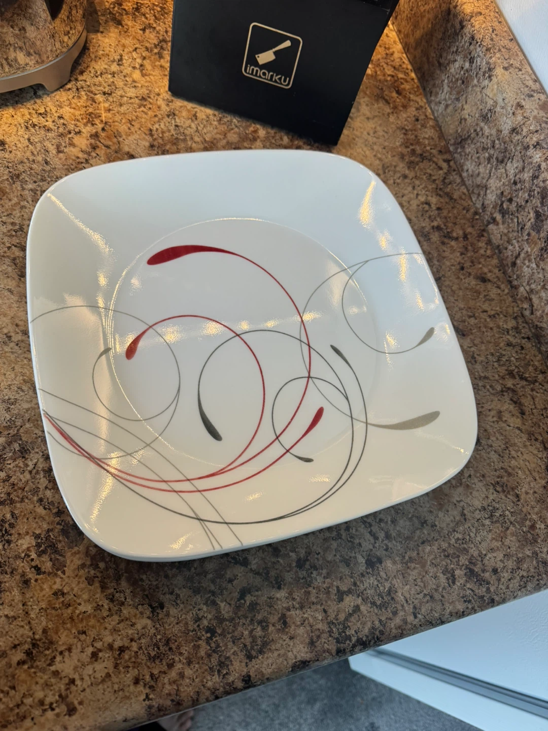 Corelle Square Dinner Plate with Red and Grey Swirls - photo 2